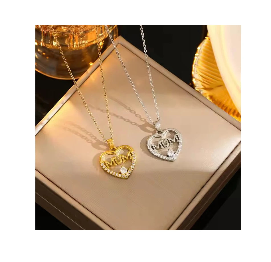 Non-Tarnishing 18K Gold Heart Pendant Necklace Gold Plated Stainless Steel Clavicle Chain Crystal Zircon Mom Necklace Jewelry