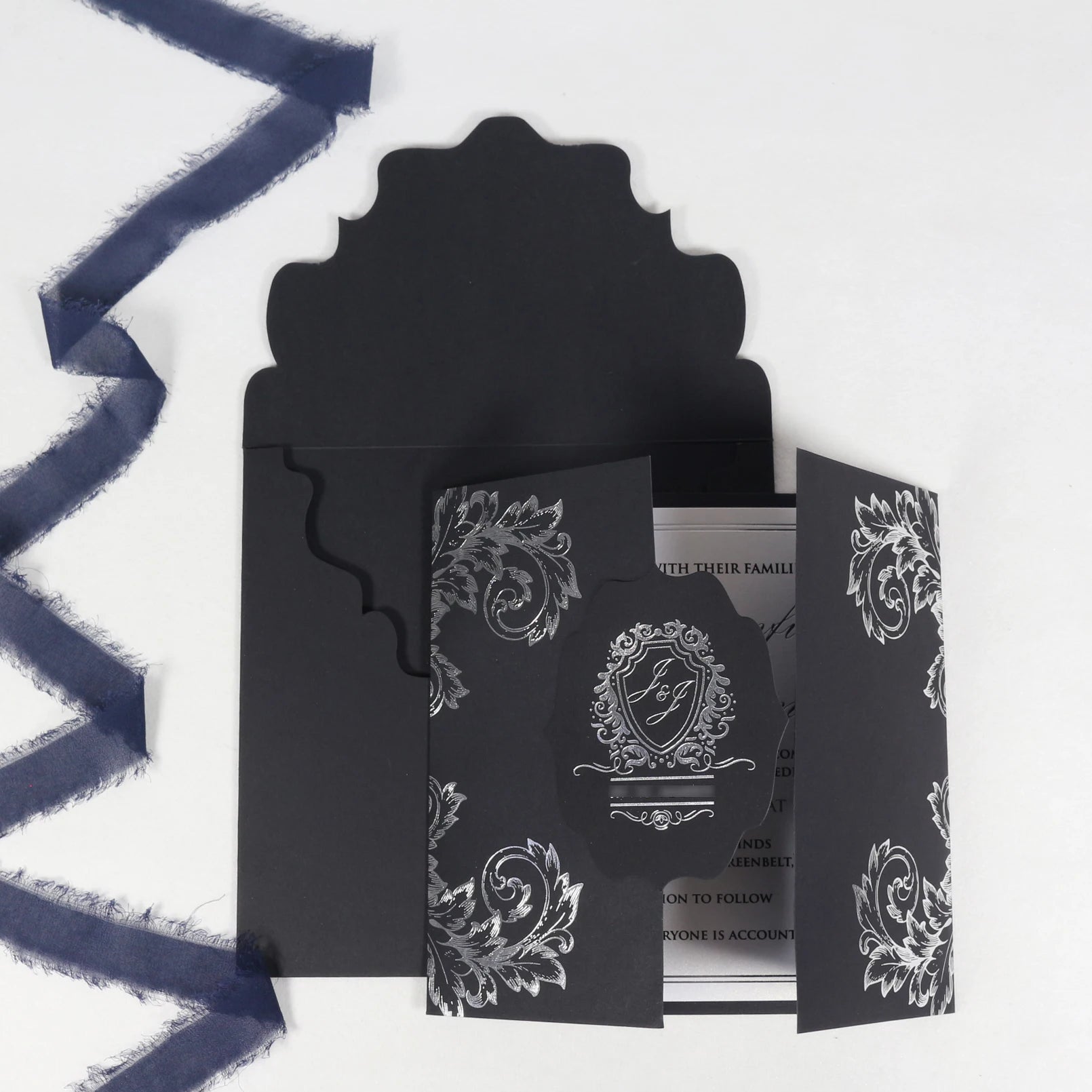 Custom Black and Silver Foiled Folio Paper Wedding Invitations With Envelope DIY Crafts Detail RSVP Cards