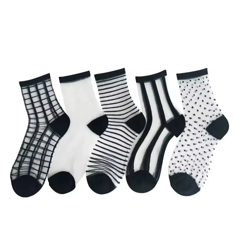Wholesale Personality Dots Striped Jacquard Thin Socks Women Transparent Sheer Crew Socks