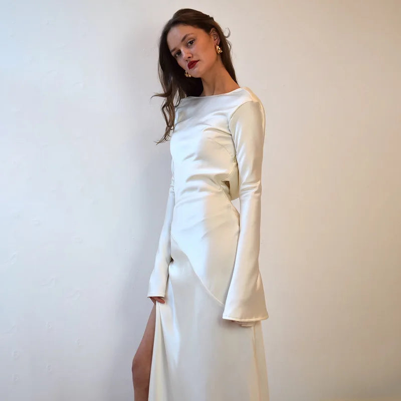 Hot Selling New Product Sexy Trend Long Sleeved Patchwork Satin Backless Slit Dress Long Skirt