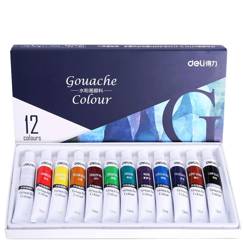 Deli 73853 12pcs/box Gouache Paint Student Painting Set Children's Graffiti Pigment 72box*12pcs=864pcs Per Carton Set