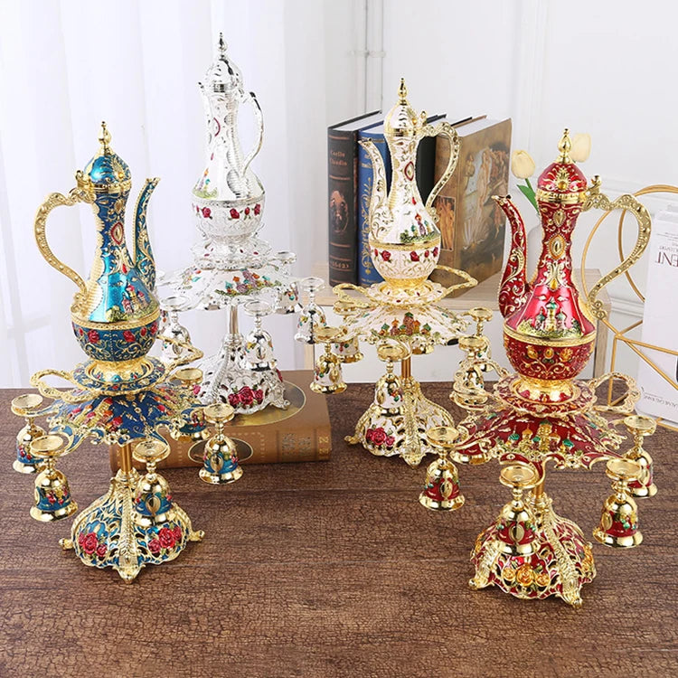 Home Table Top Decoration European Style Luxury Gold Metal Turkish Teapots Shot Glasses Set with Hanging Rack