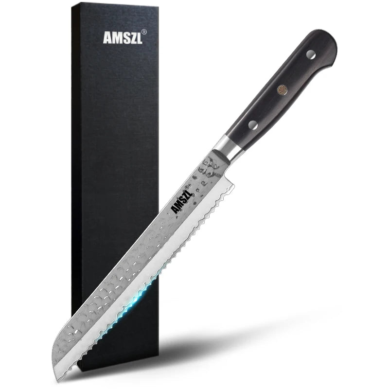 AMSZL 8.5 Inch Silver Bread Knife with Hammered Wood Handle 3-Layer Clad Steel Ebony Wood Carbon Steel Blade Pastry Toast Kni