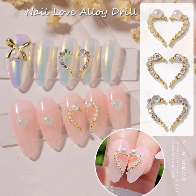 New Arrival 3D DIY Diamond Nail Art Pearl Color Metal Alloy Jewelry with Finished Diamond & Heart Piece for Decoration