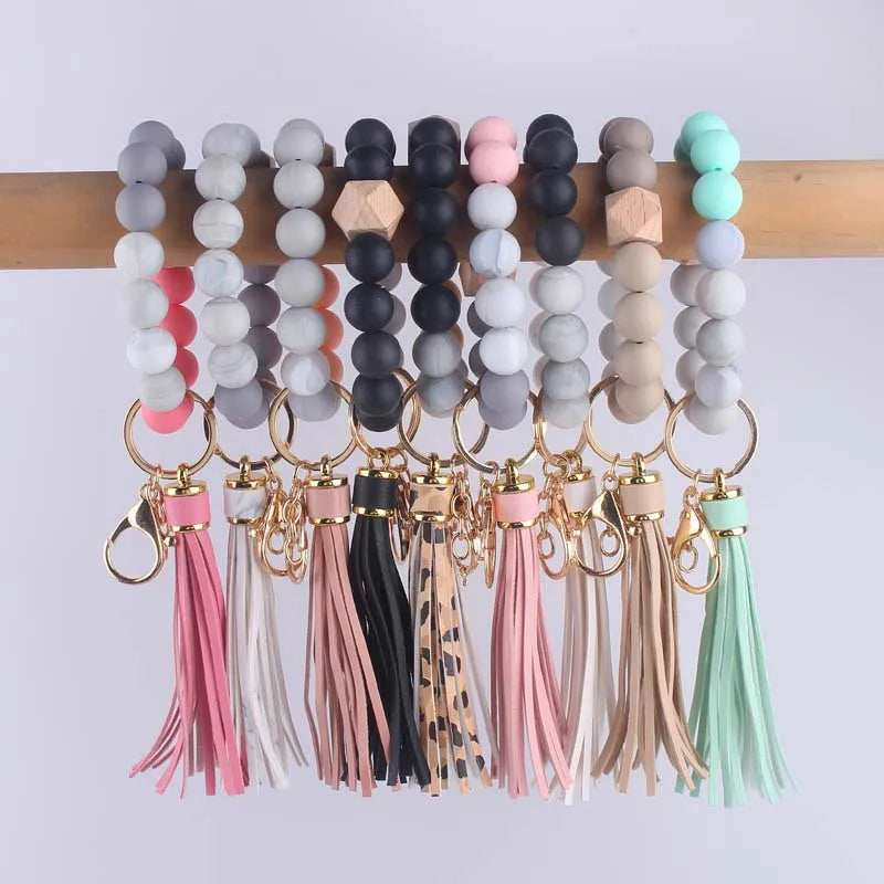 Silicone Beads Wristlet Bracelet with Tassel Keychains Metal Light Keychain Bangle