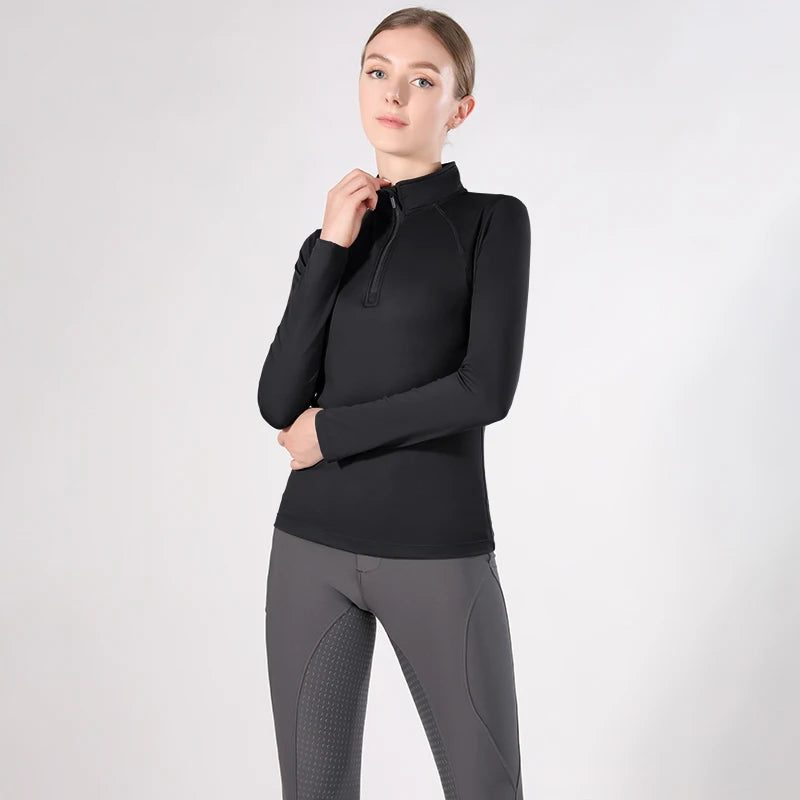 Black 1/4 Zipper Horse Riding Base Layer Women Nylon Quick Dry Horse Riding Shirts Long Sleeve Equestrian Base Layer
