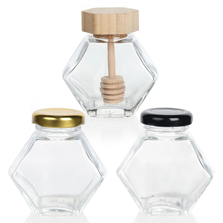 Glass Honey Bottle Hexagonal Glass Storage Pot Honey Jar With Wooden Dipper and Bamboo Lid
