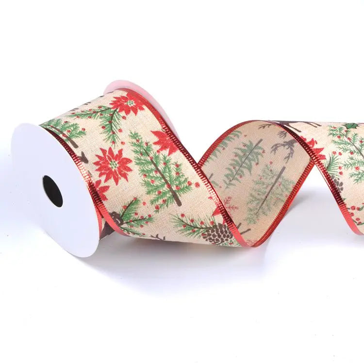 Sunjoy Wholesale 2 1/2 Inch Satin Christmas Tree and Deer Single Face Burlap Christmas Ribbon with Wire for Decoration