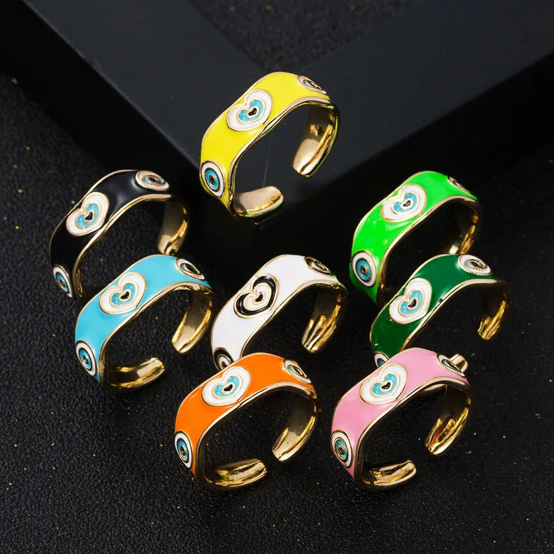 Vintage Colorful Enamel Heart Evil Eyes Rings Bohemia Gold Dripping Oil Heart Eye Rings for Girls