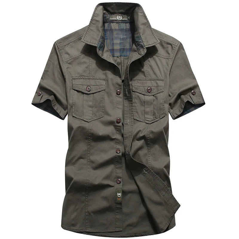 RNSHANGER New Men Summer Short Sleeved Shirts Multi Pockets High Quality Male Cotton Outdoor Casual Solid Color Male Shirts