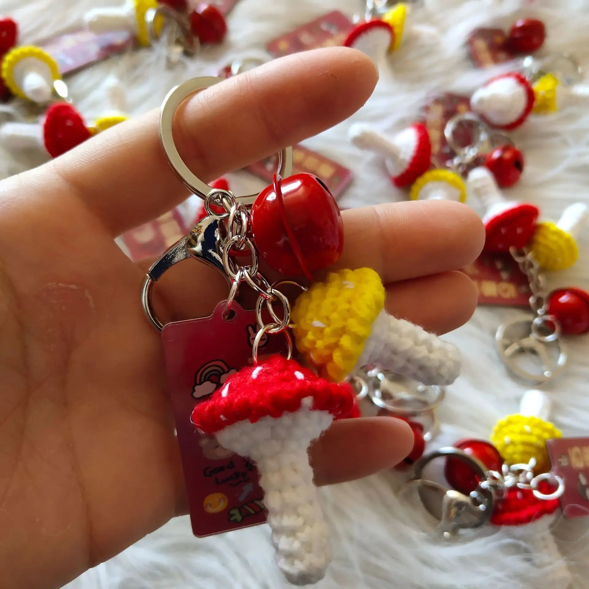 Mushroom Plush Keychain Handmade Knitted Yellow Red Mushroom Pendant Cute Key Chains Rings for Girls Kids Gift Mushroom Keych