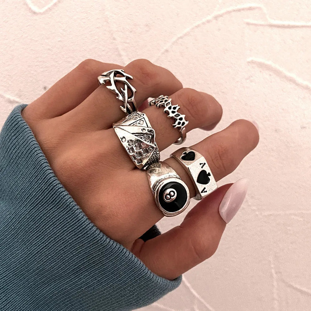 2025 Creative Personalised Vintage 5PCS Playing Card Alloy Plated Silver Rings Knuckle Rings Plating Ring Set for Women
