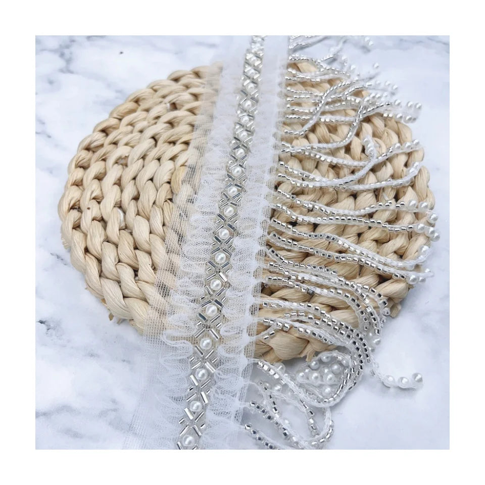 New Arrival White Tulle Lace Trim Fabric With Silver Beads and Tassel Peel Accessory for Wedding Evening & Garment Dress