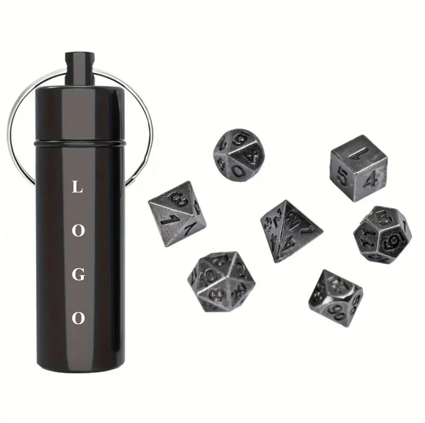 7pcs Portable Mini D20 Dice Set With case Keychain Metal Dice and Cards Board Game - Antique Bronze/Red/Silvery - Gaming Gift