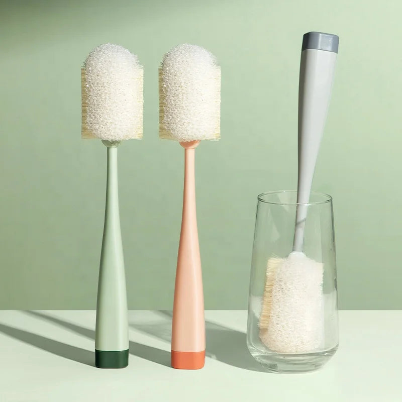 Multifunctional Long Handle Cup Sponge Cleaning Brush with Plastic Handle and Nylon Brush 27.8x5.5cm for Household Use