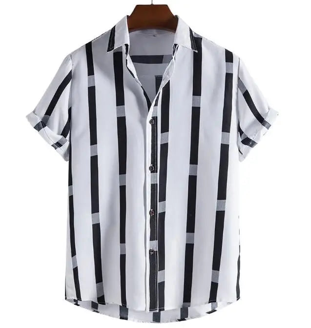 Summer Fashion Striped Casual Slim Turn-down Collar Shirt Hawaiian Style Men's Resort Short Sleeve Shirts