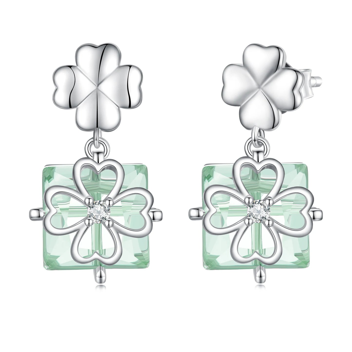 Fashion 925 Sterling Silver Four-leaf Clover Stud Earrings Light Green Square Transparent Glass Earrings for Women Gift BSE74