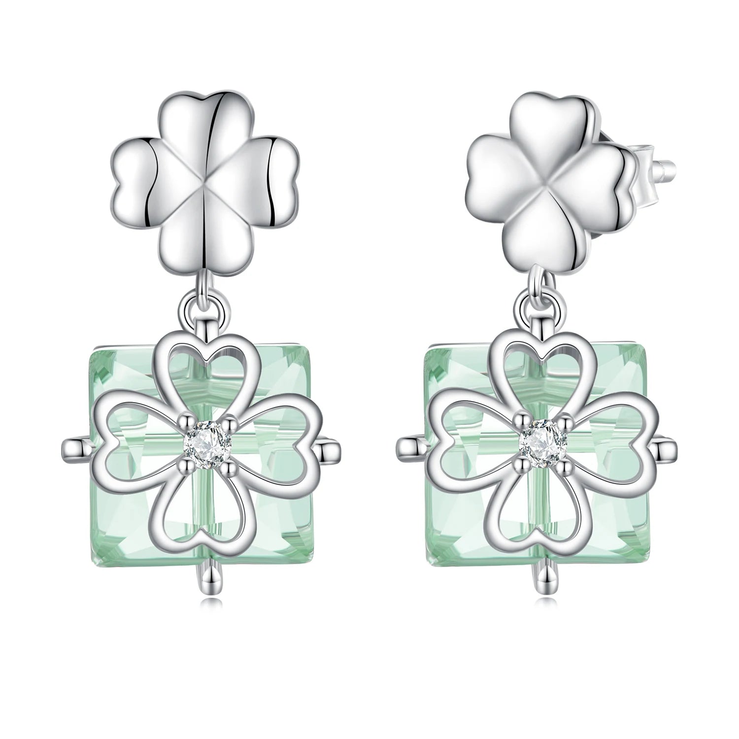 Fashion 925 Sterling Silver Four-leaf Clover Stud Earrings Light Green Square Transparent Glass Earrings for Women Gift BSE74