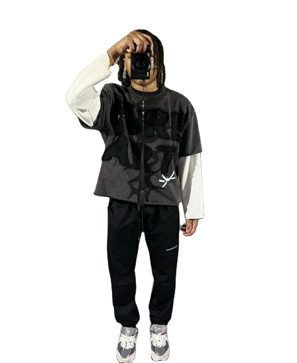 KY Distressed Double Layer Long Sleeve T-shirt Double Layer Long Sleeve T Shirt