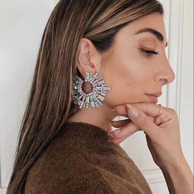 New Sunflower Fashion Diamond Glass Rhinestone Earrings for Women Trendy Party Hoop Earrings