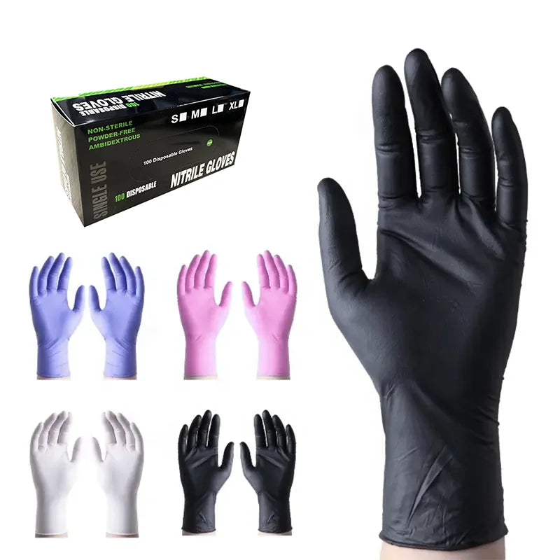5mil Latex Free Hair Dye Tattoo Blue Black White Purple Pink Spa Beauty Salon 9 Inches Powder Free Black Nitrile Gloves