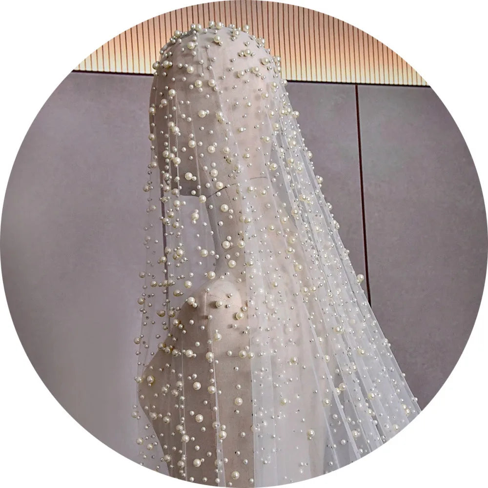 AL1734 Custom Veil Catholic Church Long Pearl Lace Beaded Cathedral White Veil Bridal Accessories Luxury Wedding Veil for Wom