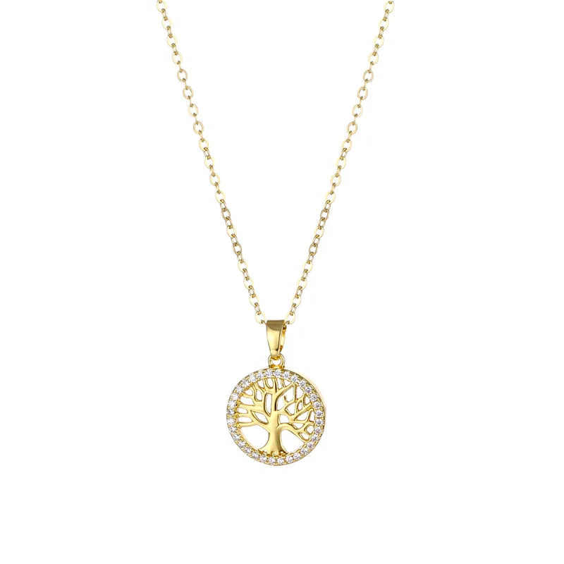 Gold Plated Dainty Necklace Zircon Hollow Life Tree Necklace Stainless Steel Chain Necklace for Women