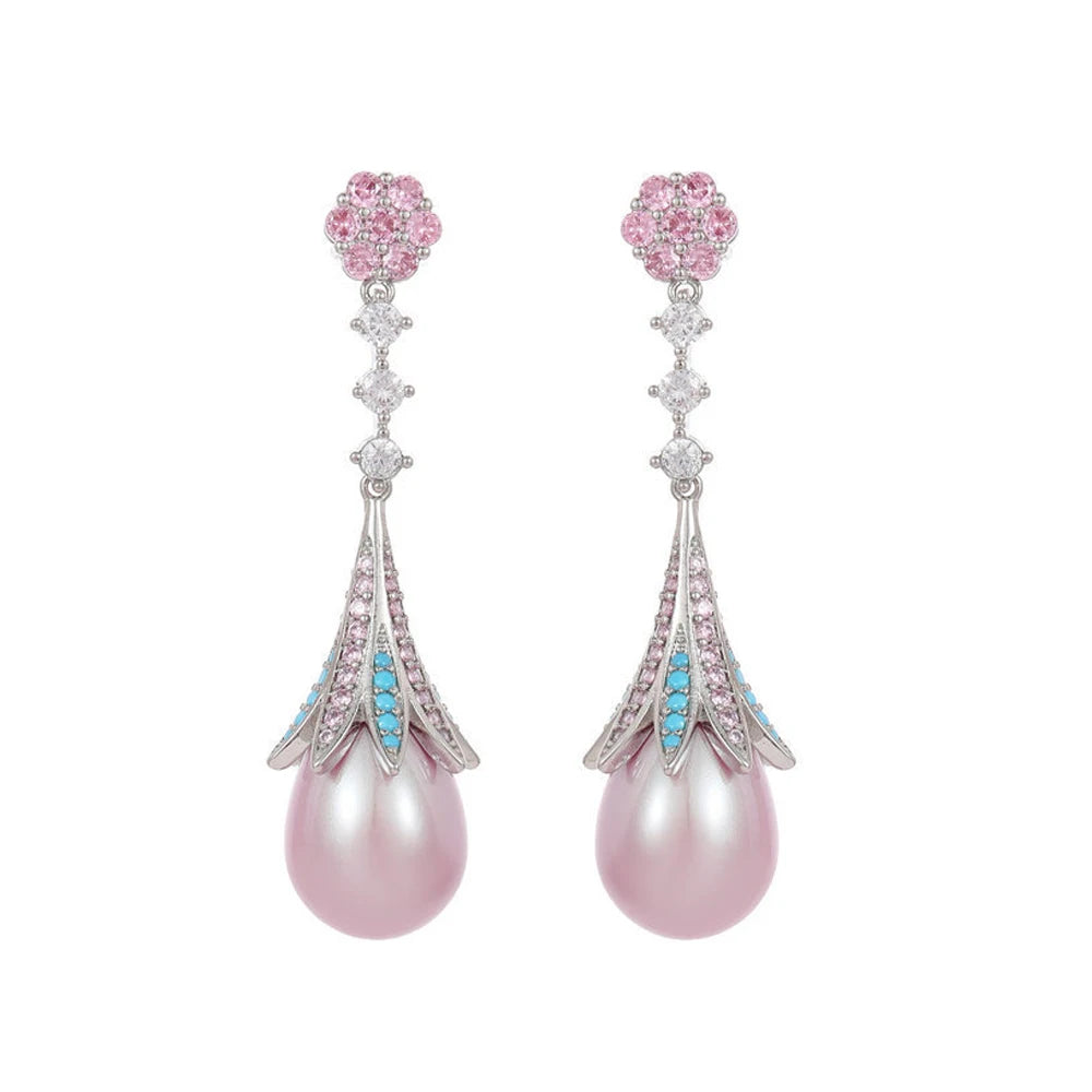 French Vintage Elegant Temperament Palace Style Earrings Light Luxury Long Decorative Droplet Imitation Pink Pearl Earrings