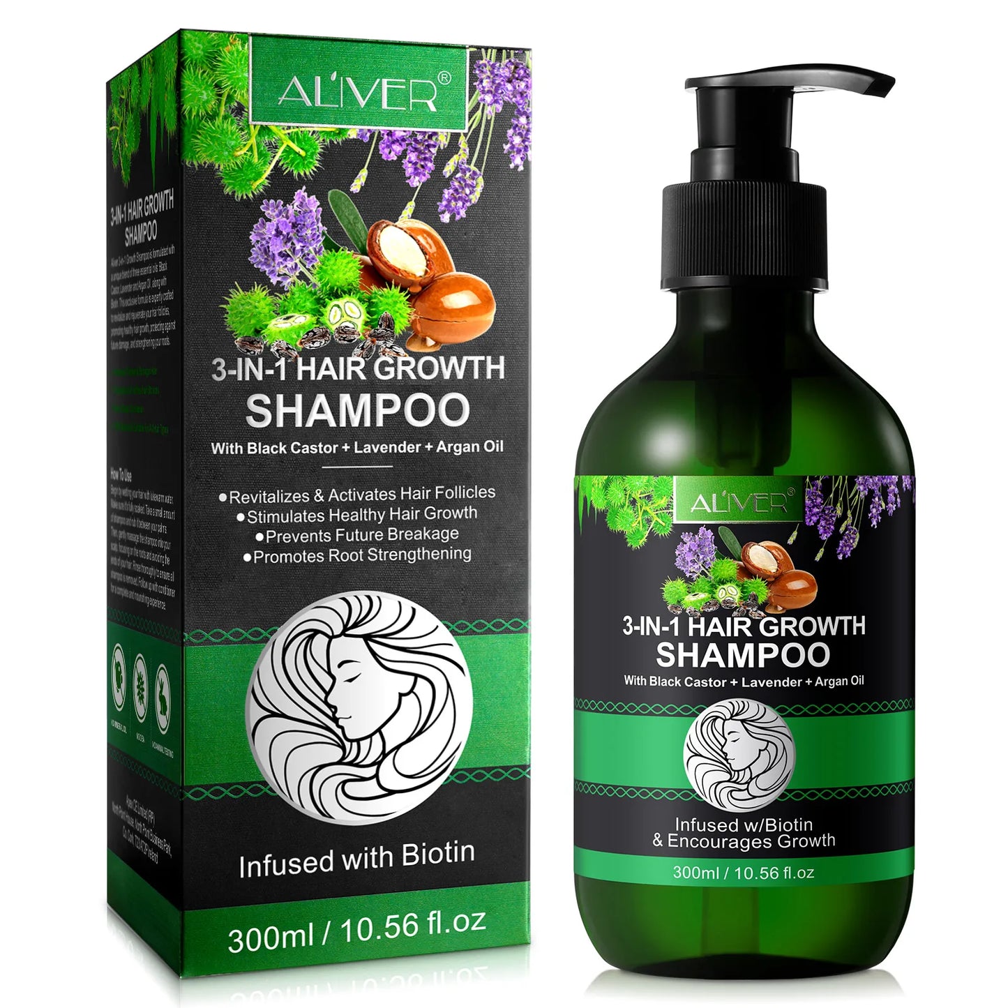 ALIVER Private Label Activates Hair Follicles 300ml Biotin Jamaican Black Castor Lavender Argan Oil Shampoo for Hair Growth
