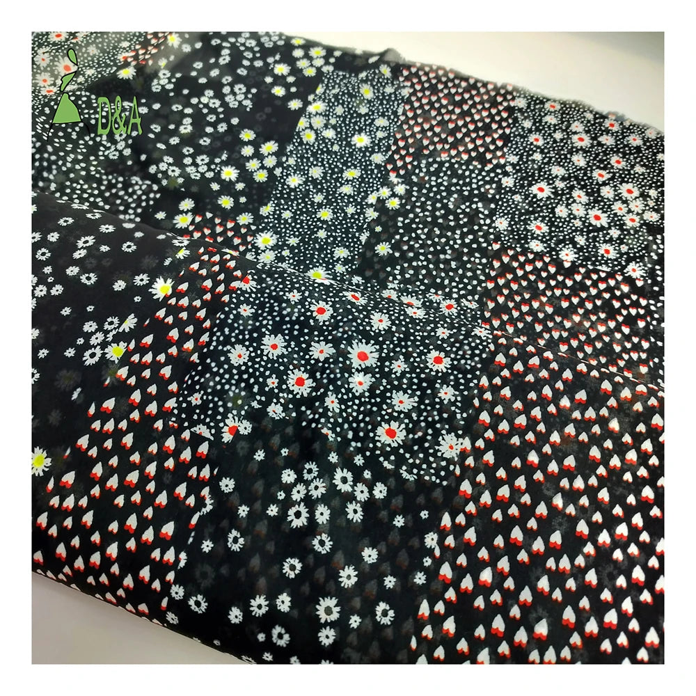 100% Polyester Chiffon Fabric Small Flower & Love Printed Eco-Friendly and Organic for Women's Dresses and Curtains