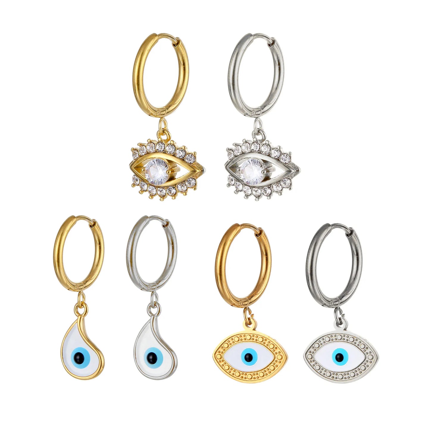 Dainty Crystals Blue Evil Eye Earrings 18K Gold Plated Stainless Steel Dangle Huggie Hoop Earrings With Eye Charm Jewelry Wom