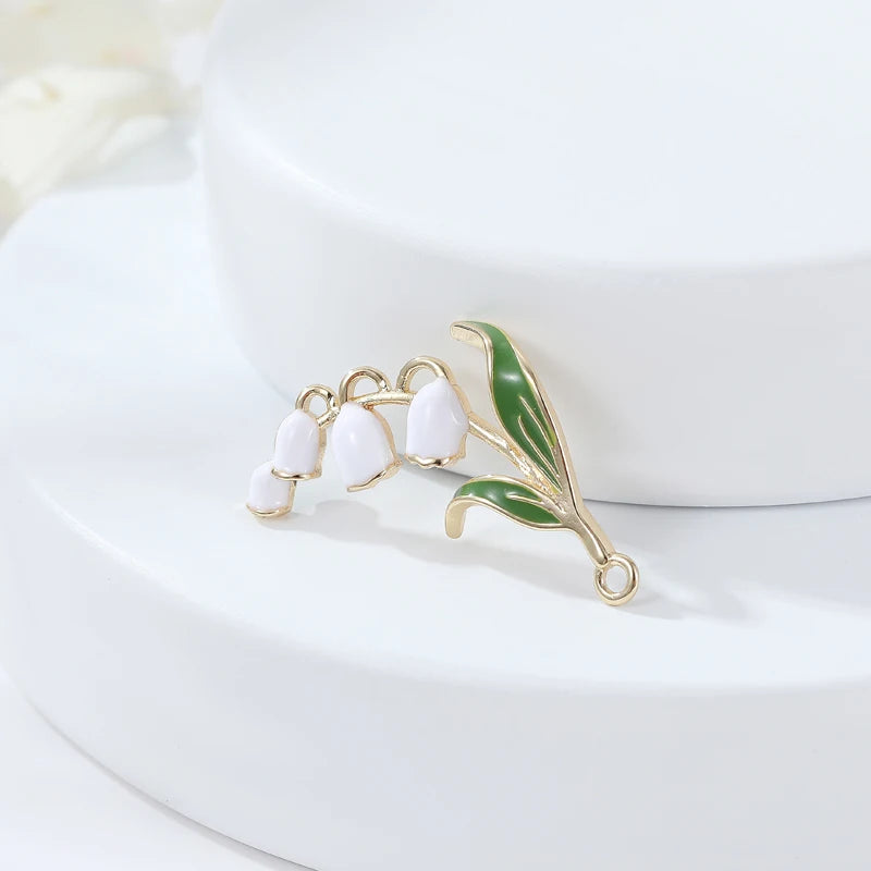 Wholesale Jewelry Making Charm Brass 14K Gold Plated Enamel Lily of the Valley Flower Pendant Charm