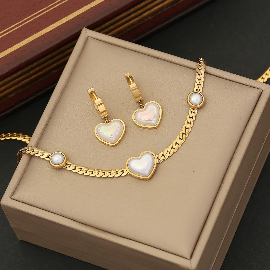 Shell Pearl Heart Dangling Necklace Bracelet and Earrings Stainless Steel 18K Gold PVD Plated Fashion Jewelry Set for Women