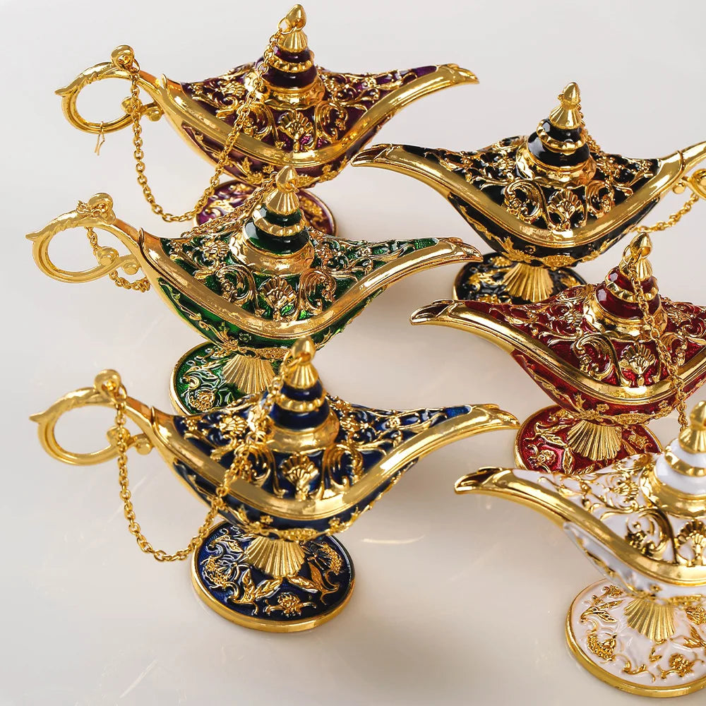 Aladdin Genie Lamp Magic Vintage Mini Brass Lamp Wishing Light Classic Costume Props Tabletop Decoration Arabian Party Decor