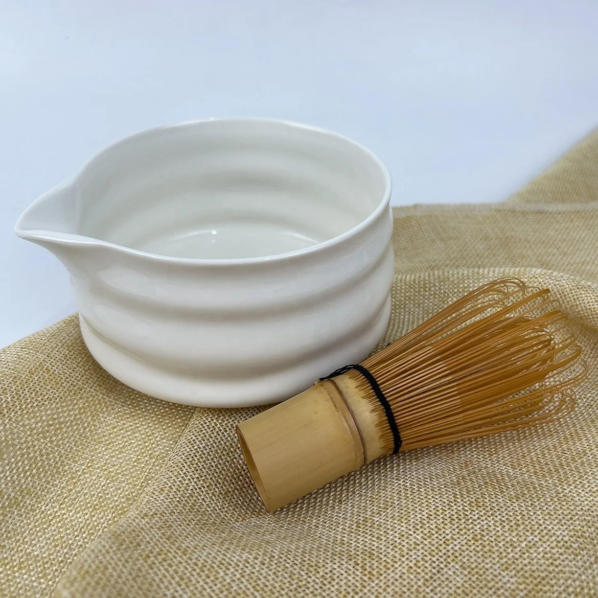 Traditional Matcha Tea Bowl with Pour Spout - Hand Made Porcelain with White Matte Glaze - 18oz for Perfectly Whisked Matcha