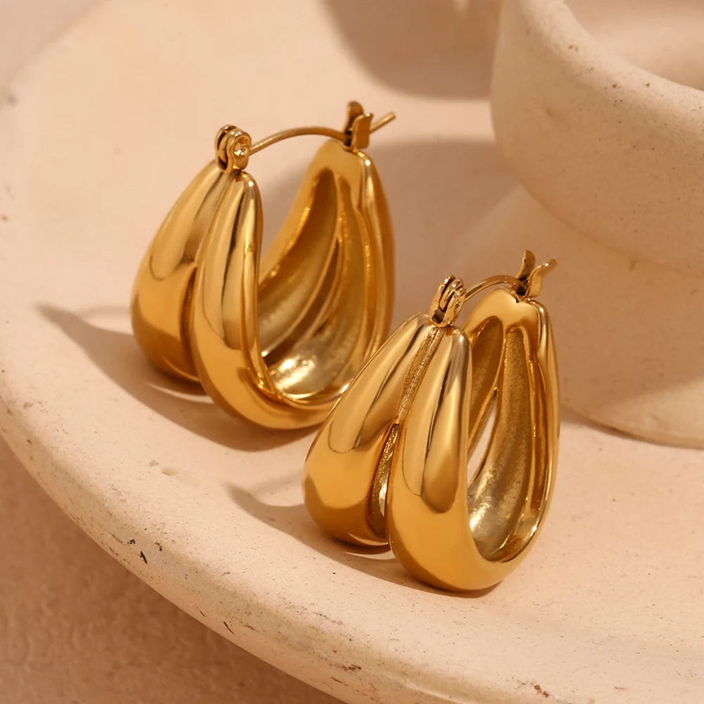 Double Layer Gold Plated Earrings U Shape Chunky Hoop Earrings Stainless Steel Women Jewelry