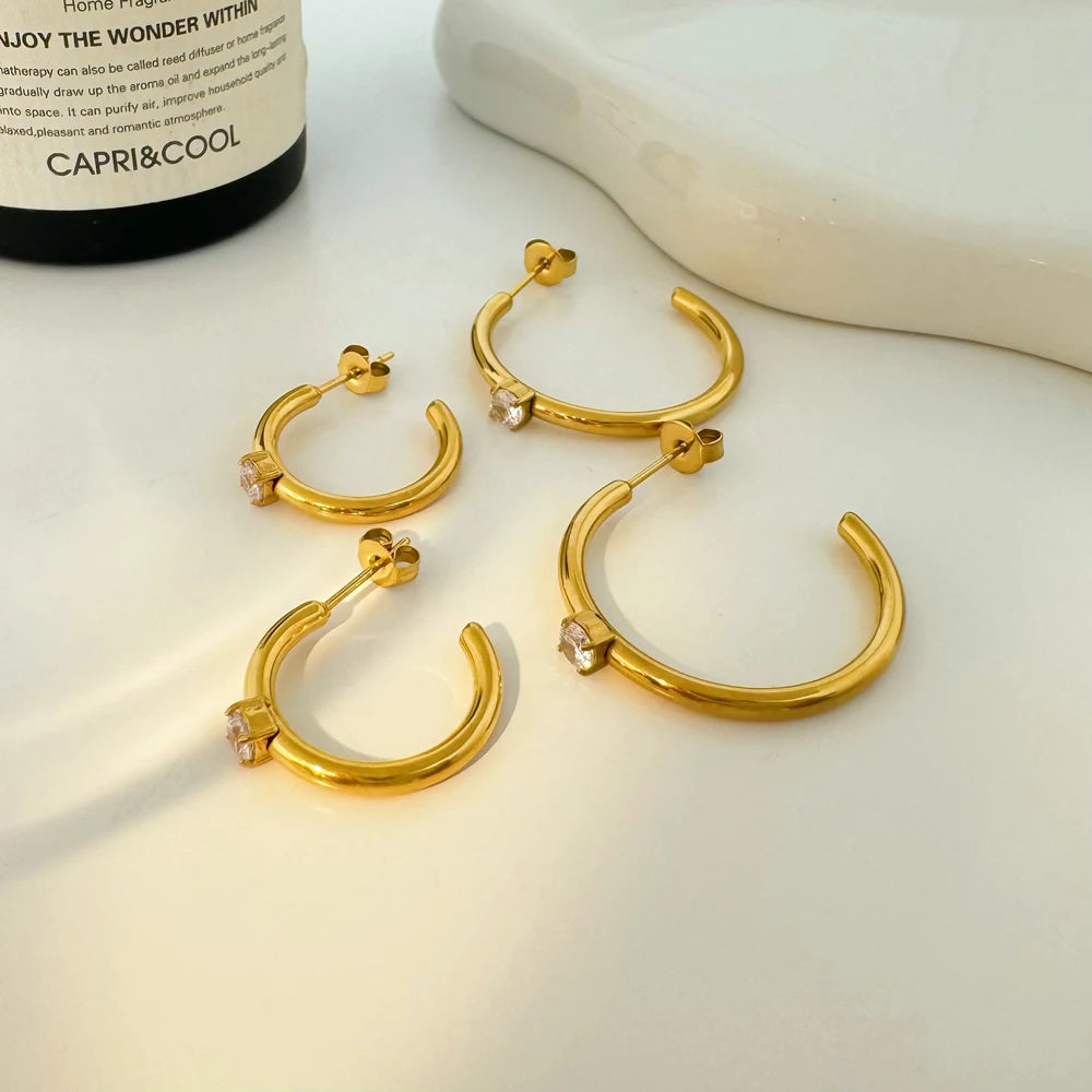 C-shaped Earrings Joyas De Acero Inoxidable Inlaid  Zircon Titanium Steel Electroplated 18k Gold Earrings