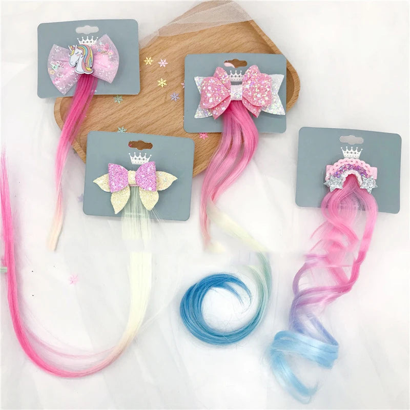 MIO Children's Colored Curly Hair Extensions Cute Cartoon Unicorn Wig Hair Clips Double Bow Rainbow Hairpin Kids Hair Accesso
