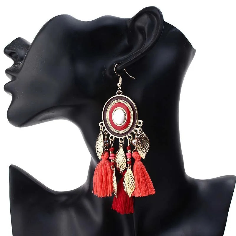 Wholesale Ethnic Earrings Tassel Long Drop Chinese Style Gold Leaf Colorful Boho Holiday Tassel Earrings for Women
