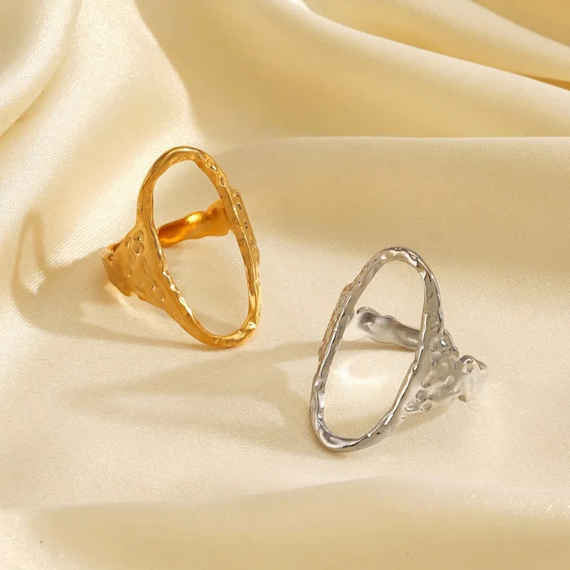 Fashion Oval Hammer Pattern Open Ring 18k Gold Plated Stainless Steel Waterproof Women's Ring