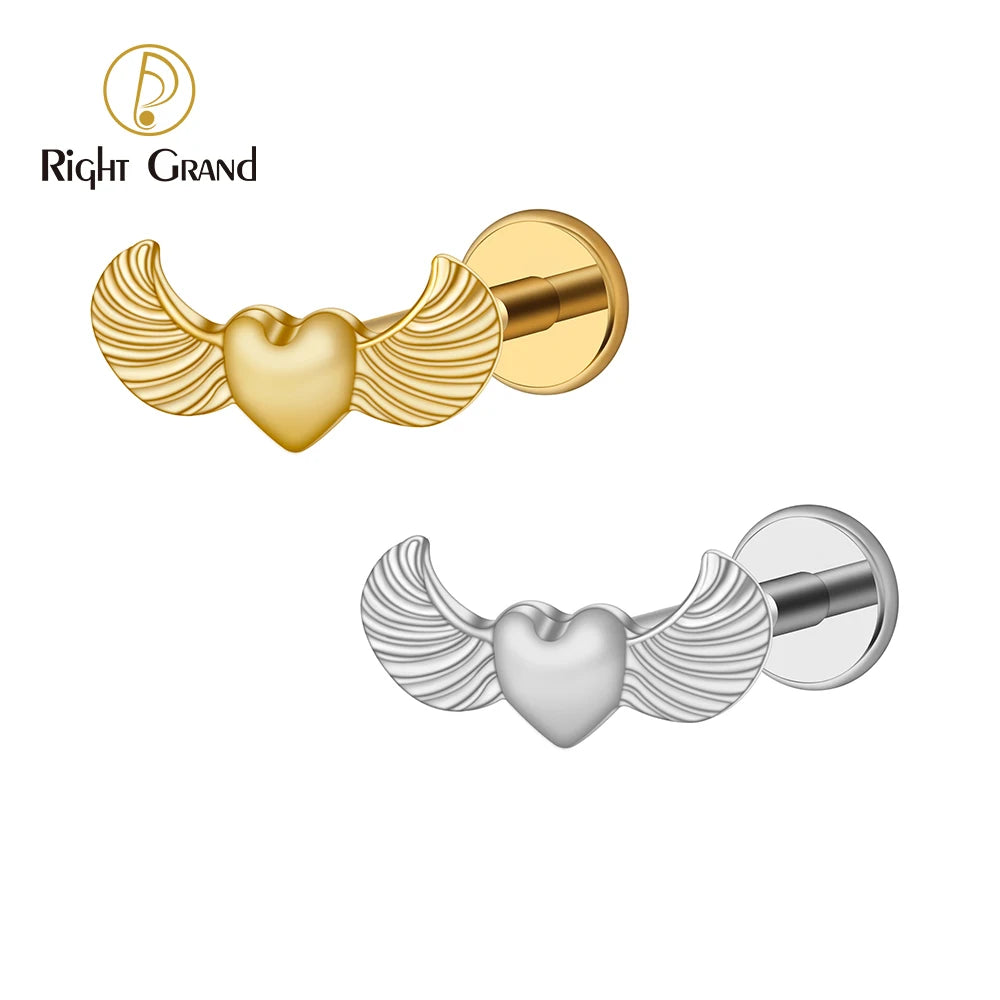 ASTM F136 Titanium 16G Winged Heart Labret Monroe Lip Heart Wing Stud Ear Tragus Cartilage Piercing Body Jewelry
