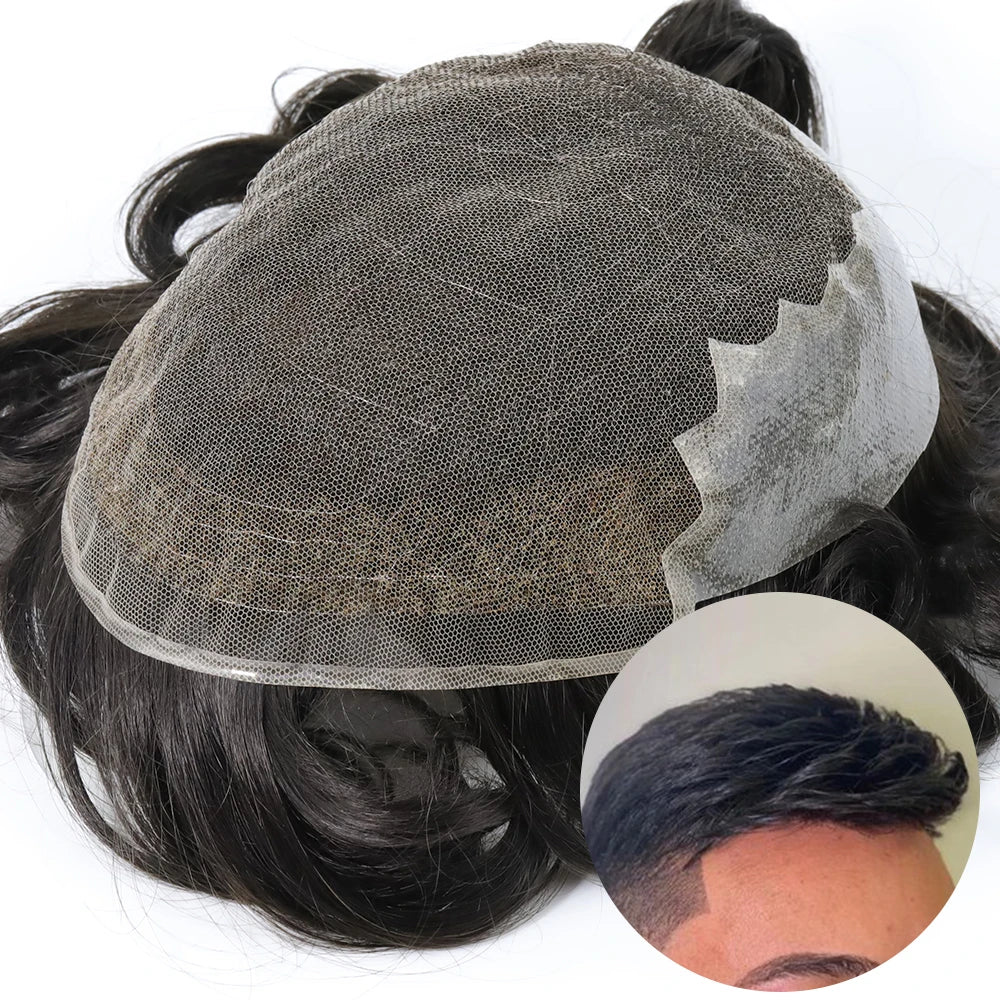 Q6 Full Lace Wig with PU Base Men's Replacement System Human Hair Toupee-Remy Brazilian Hair 8 Inches