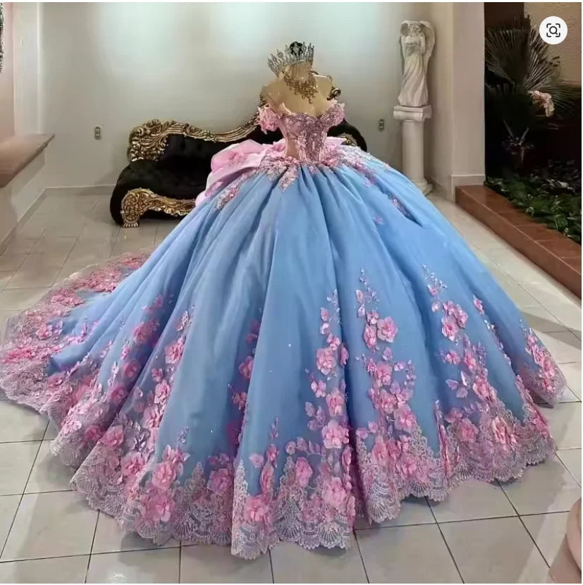 Sky Blue Pink Sequined Appliques Beading Crystal Ball Gown Quinceanera Dresses Sweet 16 Bow Corset Vestidos De 15 Anos MQ731