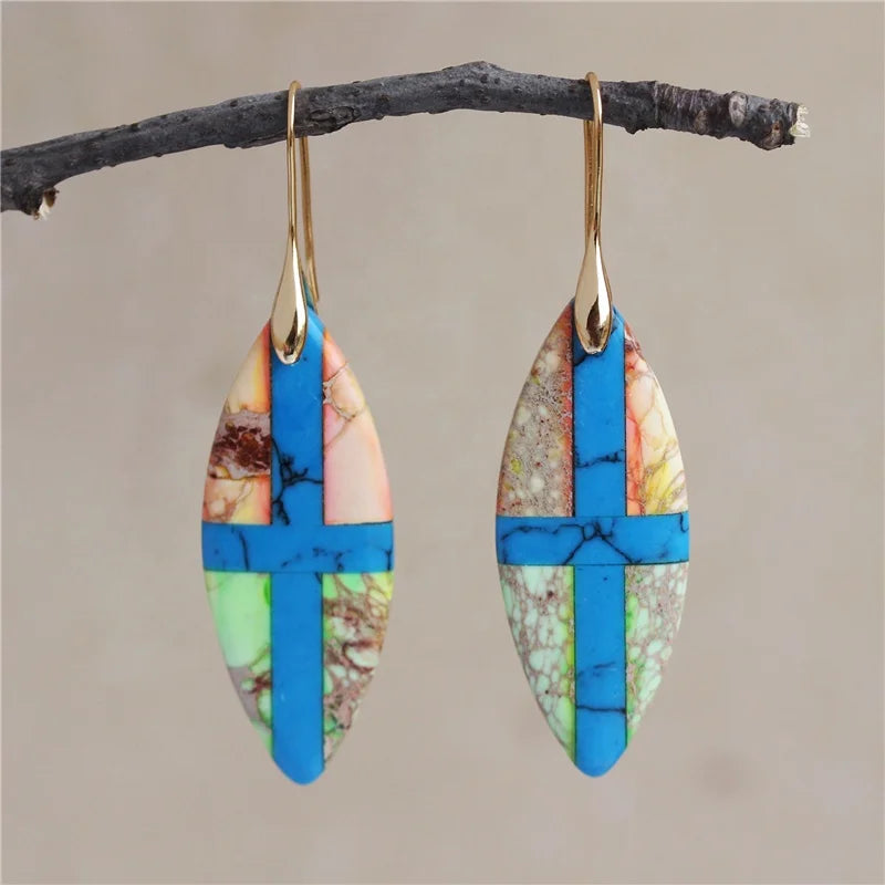 Bohemian Natural Imperial Jasper Stone Marquise Turquoise Cross Drop Earrings Women Gold Vintage Elegant Jewelry Wholesale