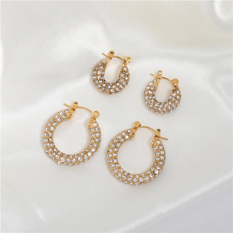 Fenny Tarnish Free Waterproof Shiny Micro Clear&Emerald Gem Pave Hoop Earring Trend for Party Wholesale Stainless Steel Ladie
