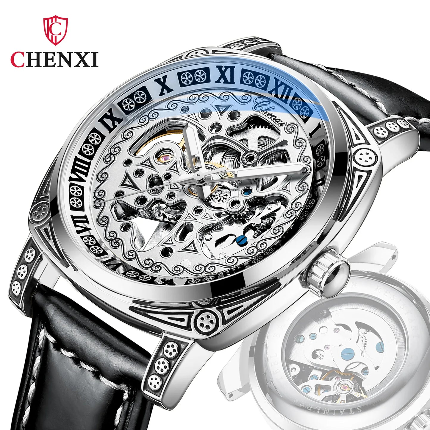 CHENXI New Vintage Carved Watch Men's Mechanical Genuine Leather Waterproof Hollow Shake Tone Explosive