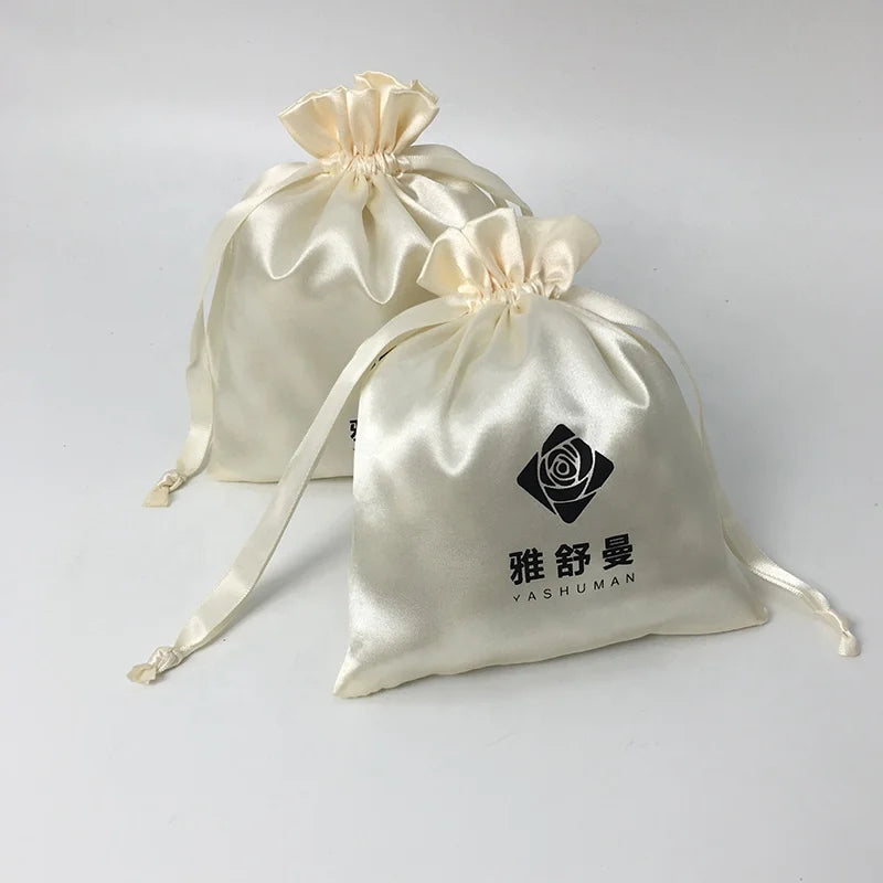 Luxury Vintage Lady Fashion Custom Soft Silk Satin Beige Drawstring Printing Gift Bag Recycle Cosmetic Pouch Dust Bag Black L