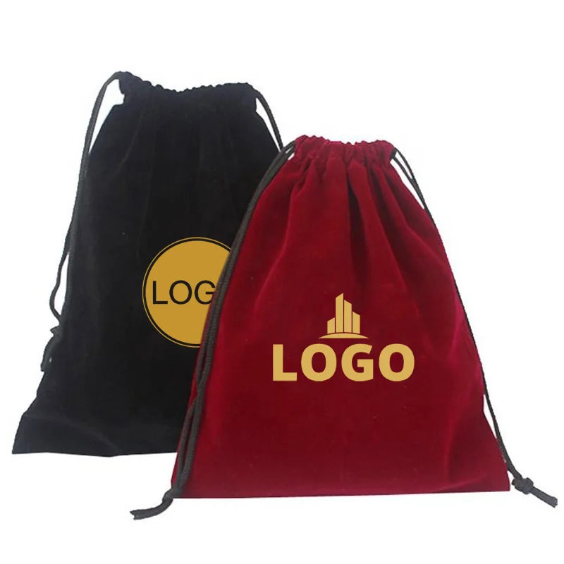 Custom Black Red Veet Pouch Drawstring Bag Reusable Jewelry Storage Cotton Handle for Hair Dryer Gift Wrap Shopping Logo
