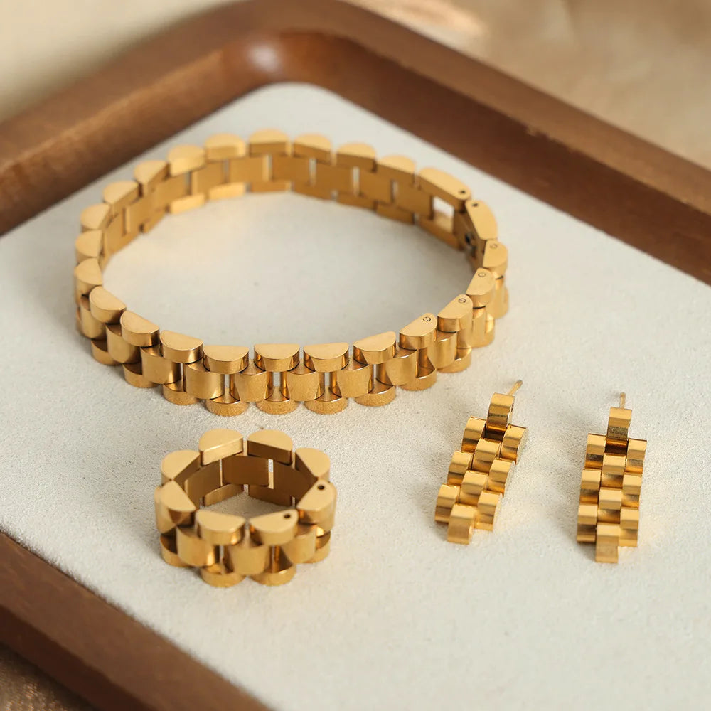 Non-fading 18k Gold Plated Fashion Punk Jewelry Set Stainless Steel Watch Bracelet Ring Earrings for Women Ensembles De Bijou