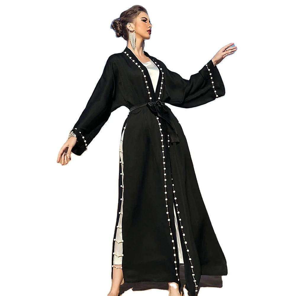 OEM/ODM Black Color Women Skirt Link Pearls Decoration Side Slit Free Size Dubai Muslim Women Dress Abaya